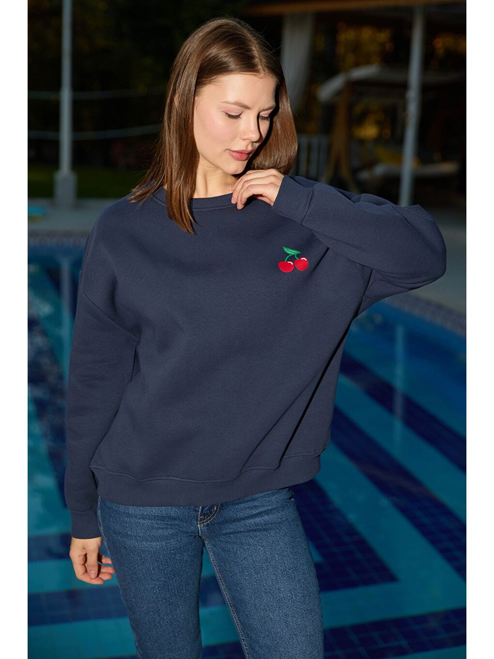 Lacivert 3 İplik Kiraz Baskılı Oversize Sweatshirt-1