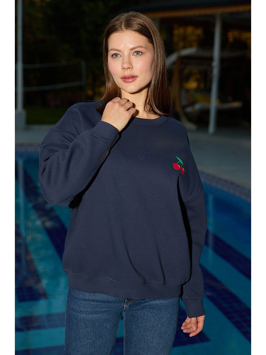 Lacivert 3 İplik Kiraz Baskılı Oversize Sweatshirt-2