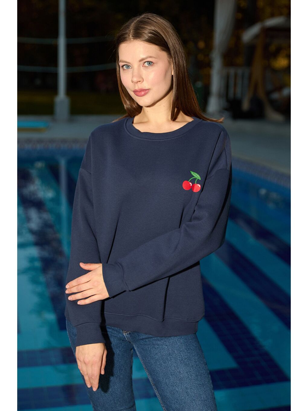 Lacivert 3 İplik Kiraz Baskılı Oversize Sweatshirt-3