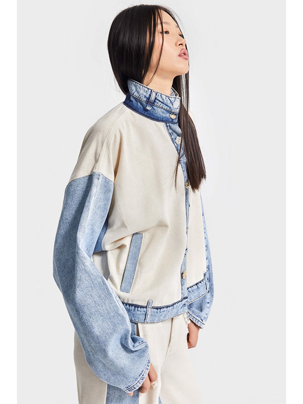 Mavi Kadın Tınt Bej Rengi Denim Örme Kumaş Oversize Özel Tasarım Denim Ceket-2