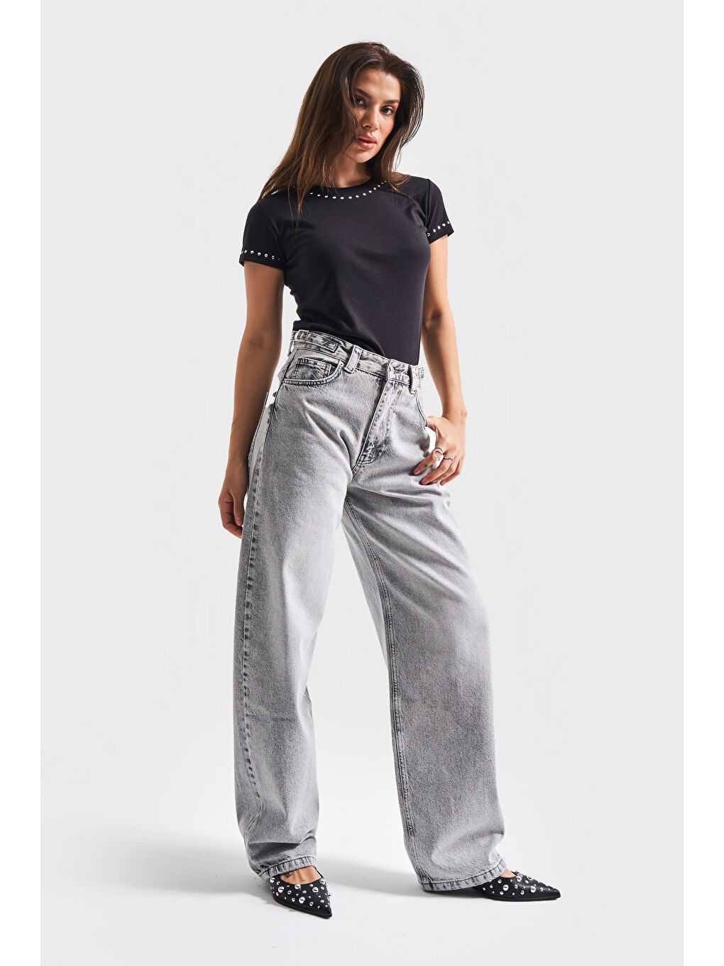 Kadın Gri Renk Lotus Baggy Fit Uzun Denim Pantolon-1