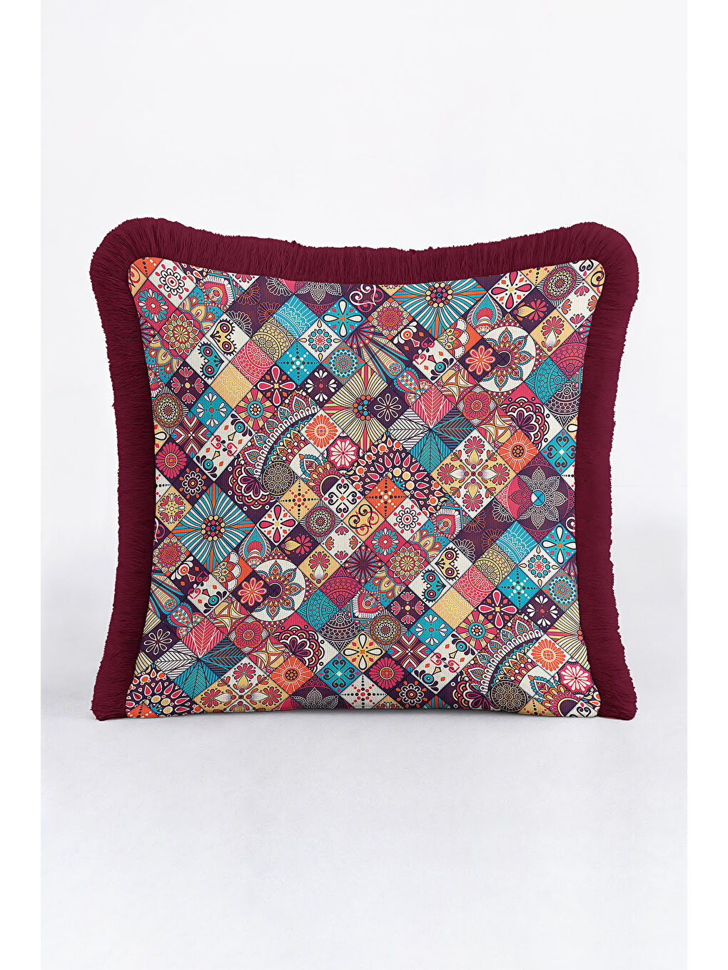 Karışık Etnik Mozaik Saçaklı Yastık Kılıfı - Renkli Bohem Mor Kenarlı Püsküllü Kırlent Kılıfı