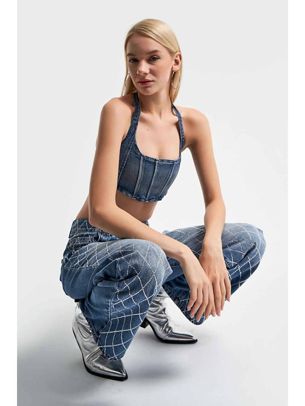 Kadın Mavi  Jean Rengi Önü Komple Taşlı Straight Fit Orta Bel Denim-4