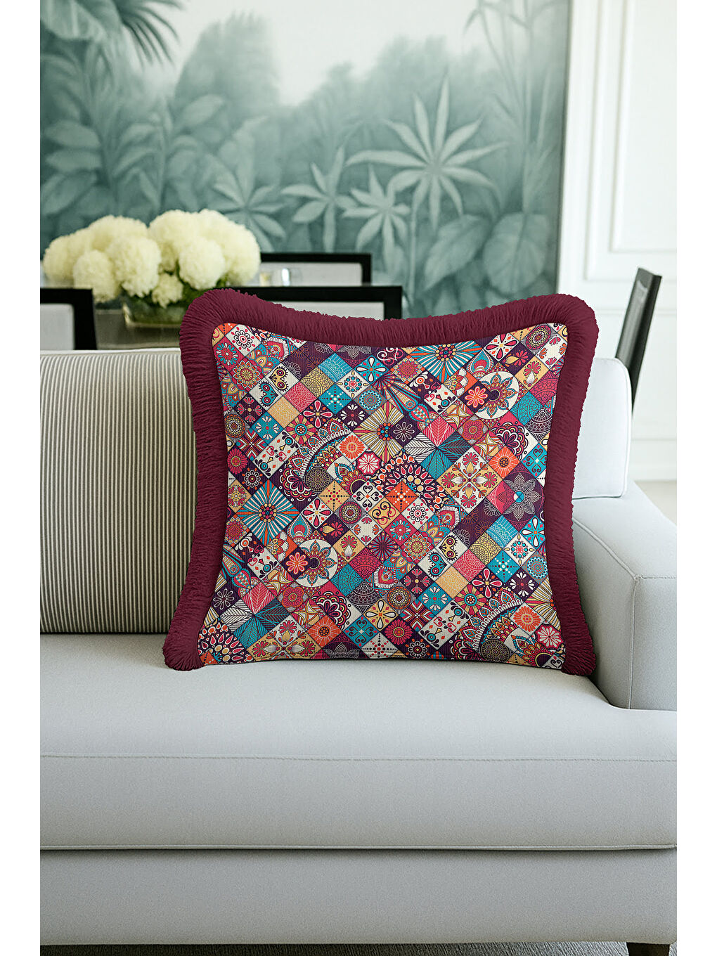 Karışık Etnik Mozaik Saçaklı Yastık Kılıfı - Renkli Bohem Mor Kenarlı Püsküllü Kırlent Kılıfı-1