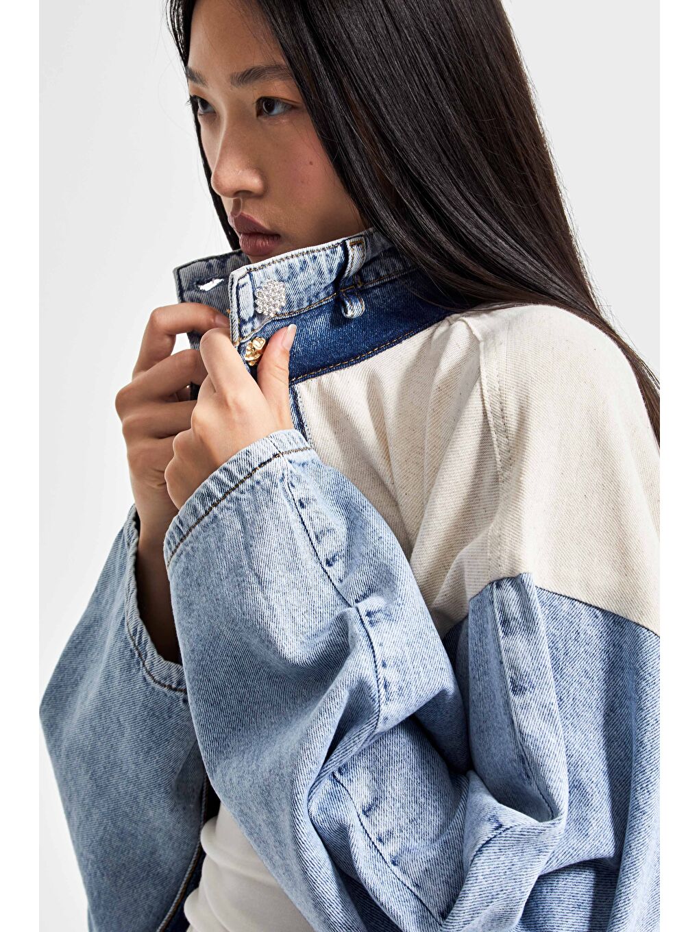 Mavi Kadın Tınt Bej Rengi Denim Örme Kumaş Oversize Özel Tasarım Denim Ceket-3