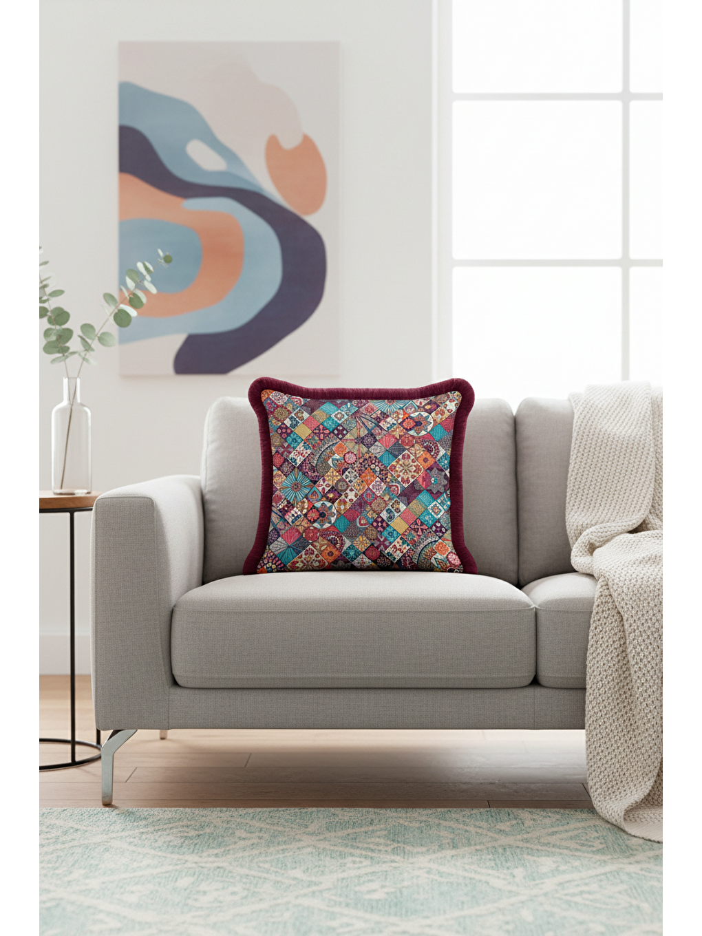 Karışık Etnik Mozaik Saçaklı Yastık Kılıfı - Renkli Bohem Mor Kenarlı Püsküllü Kırlent Kılıfı-2