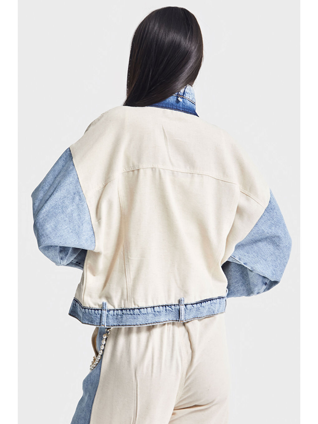 Mavi Kadın Tınt Bej Rengi Denim Örme Kumaş Oversize Özel Tasarım Denim Ceket-4