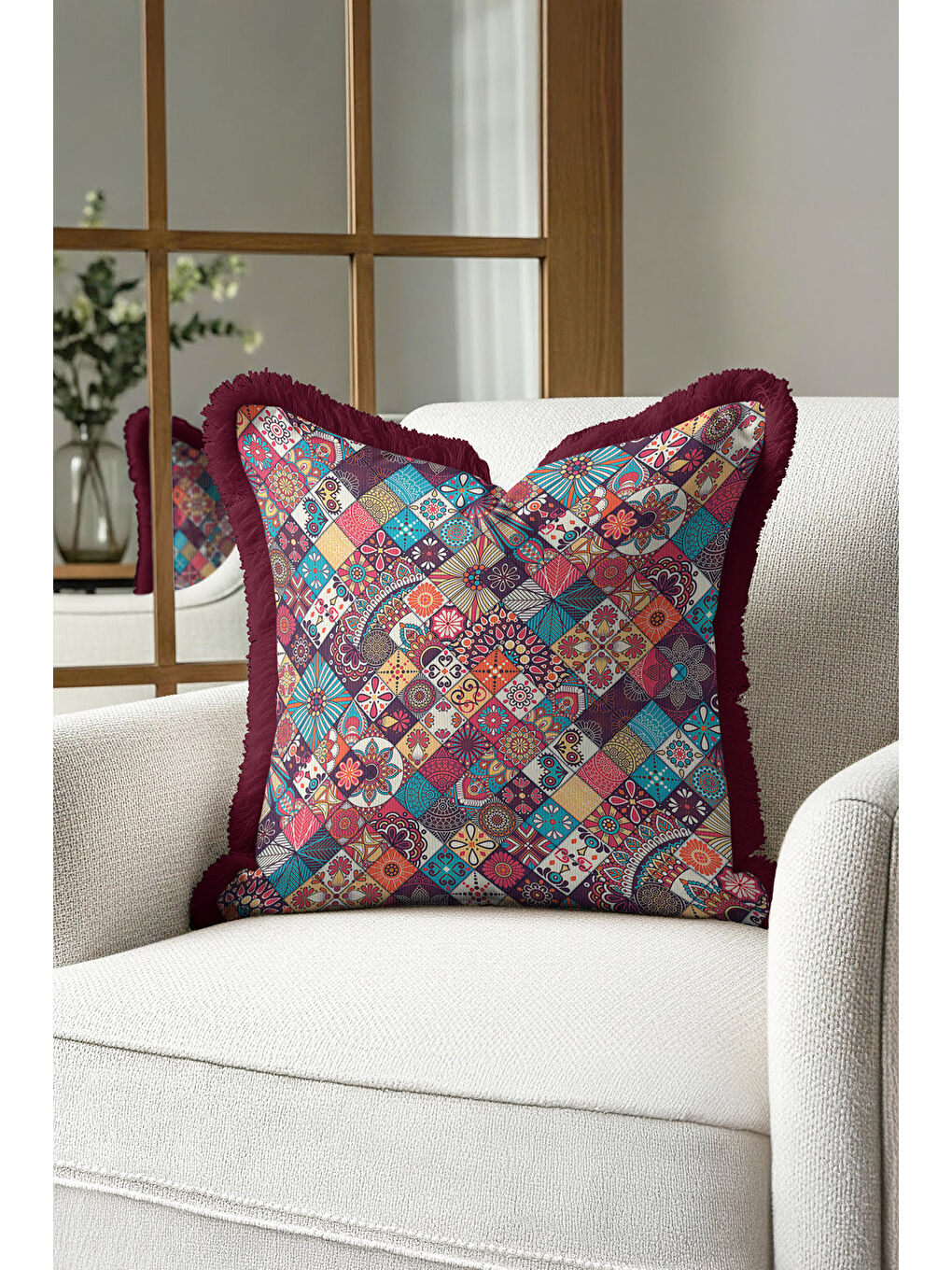 Karışık Etnik Mozaik Saçaklı Yastık Kılıfı - Renkli Bohem Mor Kenarlı Püsküllü Kırlent Kılıfı-4