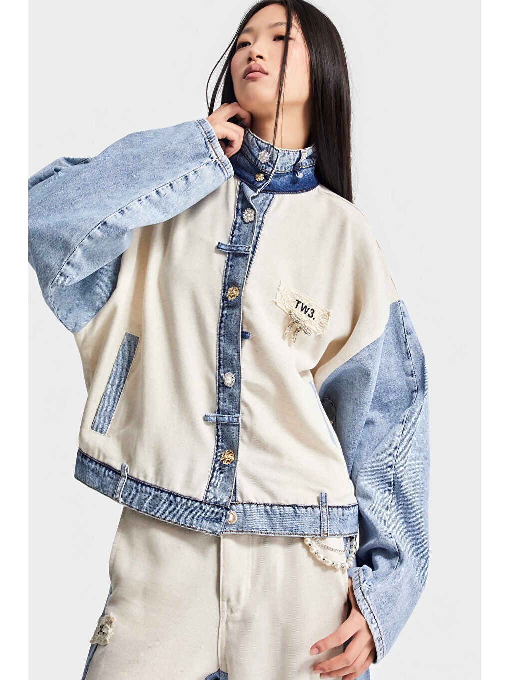 Mavi Kadın Tınt Bej Rengi Denim Örme Kumaş Oversize Özel Tasarım Denim Ceket-5