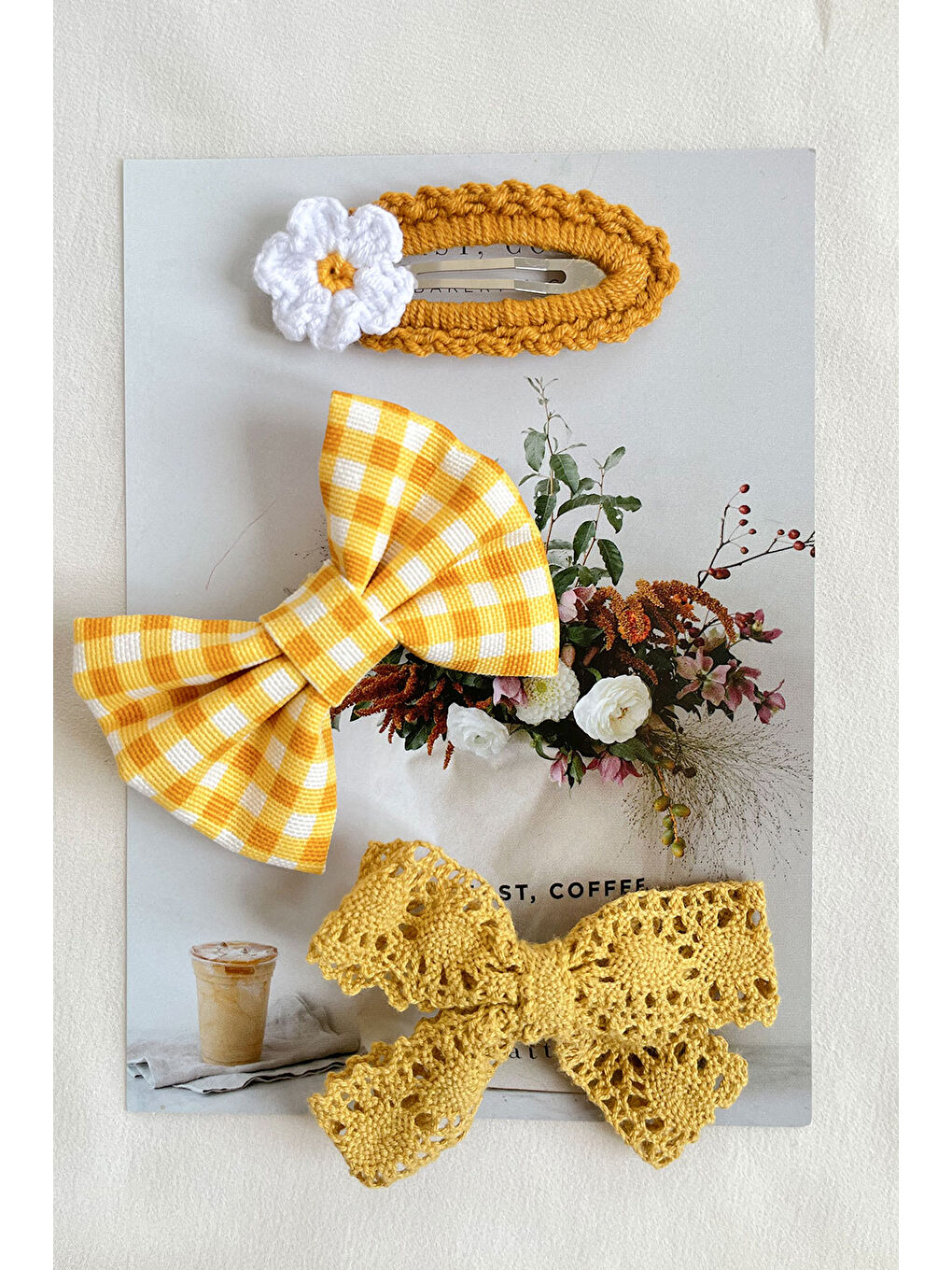 Sarı Hardal Örgü Çiçek 3'lü Toka Set-2