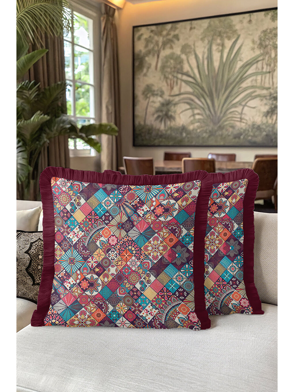 Karışık Etnik Mozaik Saçaklı Yastık Kılıfı - Renkli Bohem Mor Kenarlı Püsküllü Kırlent Kılıfı-5