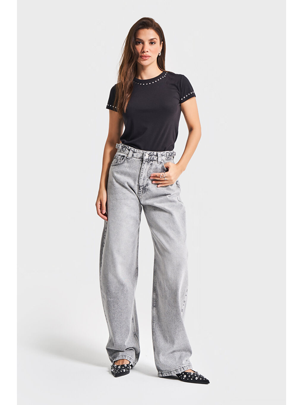 Kadın Gri Renk Lotus Baggy Fit Uzun Denim Pantolon-4