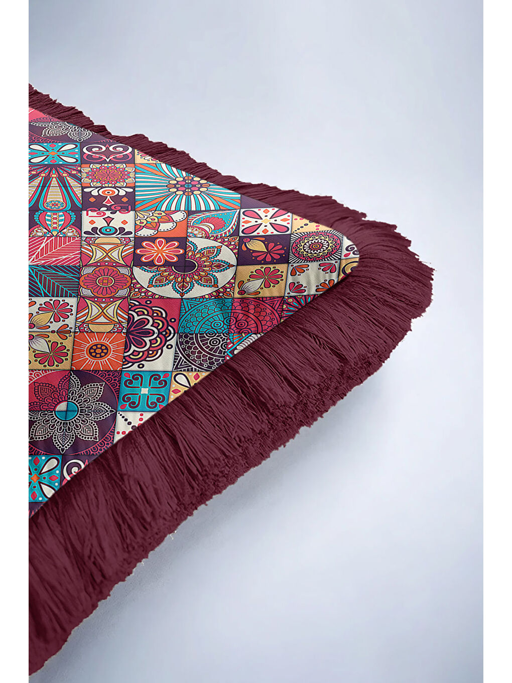 Karışık Etnik Mozaik Saçaklı Yastık Kılıfı - Renkli Bohem Mor Kenarlı Püsküllü Kırlent Kılıfı-6