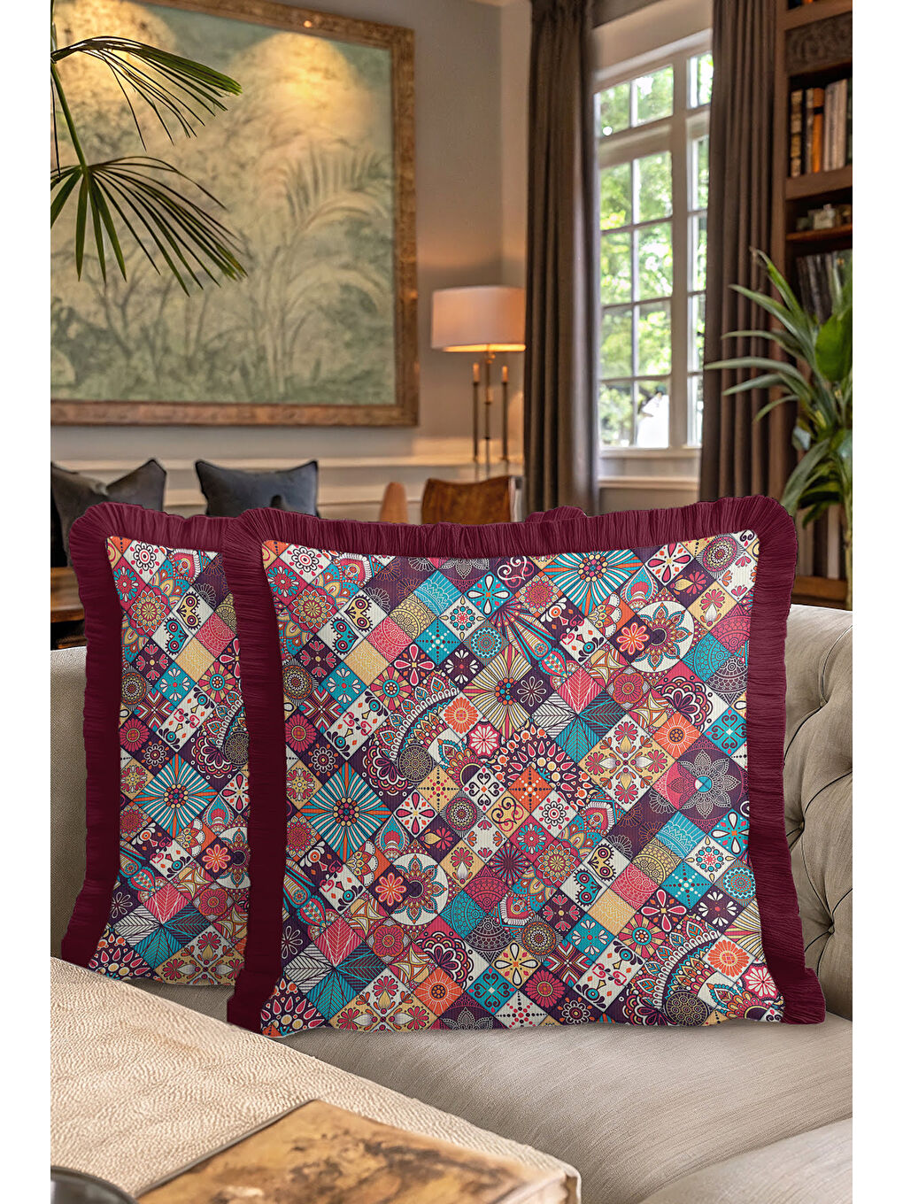 Karışık Etnik Mozaik Saçaklı Yastık Kılıfı - Renkli Bohem Mor Kenarlı Püsküllü Kırlent Kılıfı-7