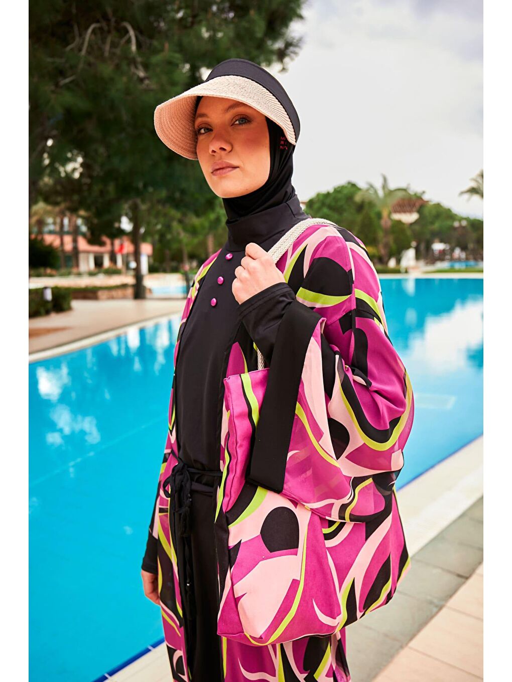Marina Desenli Fuşya Kimono Kaftan P2413 - 4