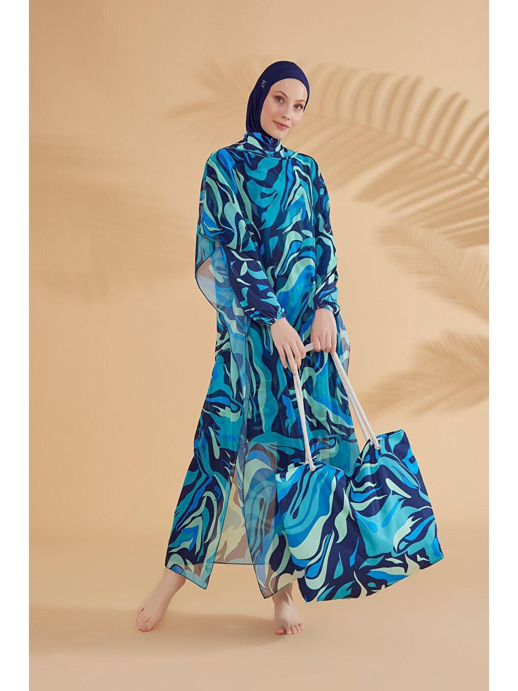 Desenli Turkuaz Pareo Kaftan P2347-5