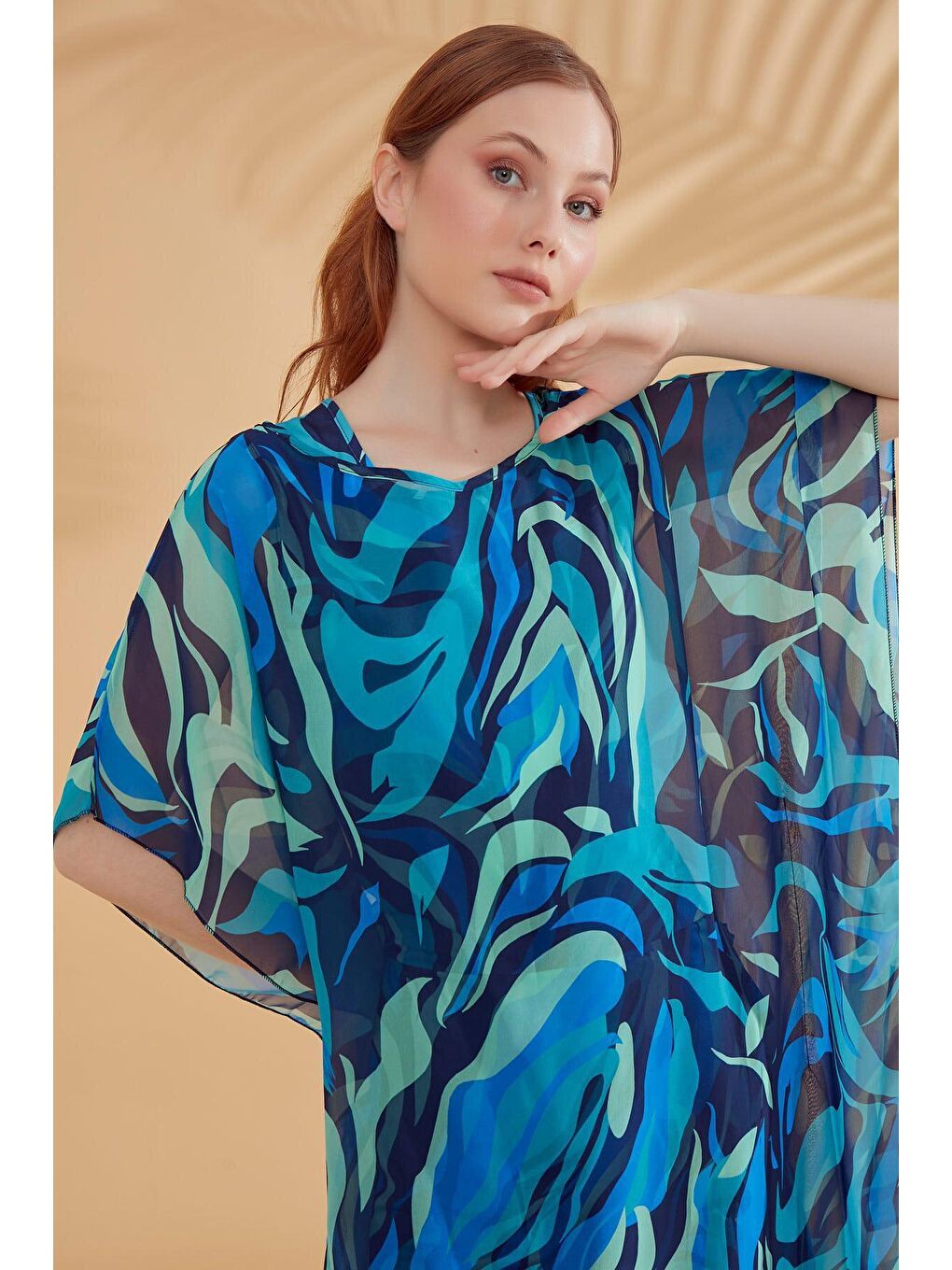 Desenli Turkuaz Pareo Kaftan P2347-7