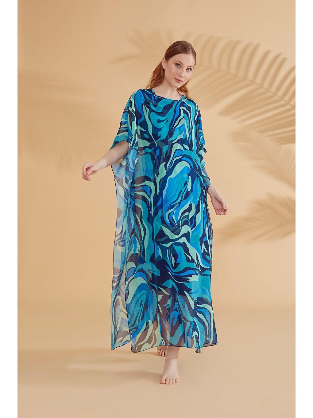 Desenli Turkuaz Pareo Kaftan P2347-9