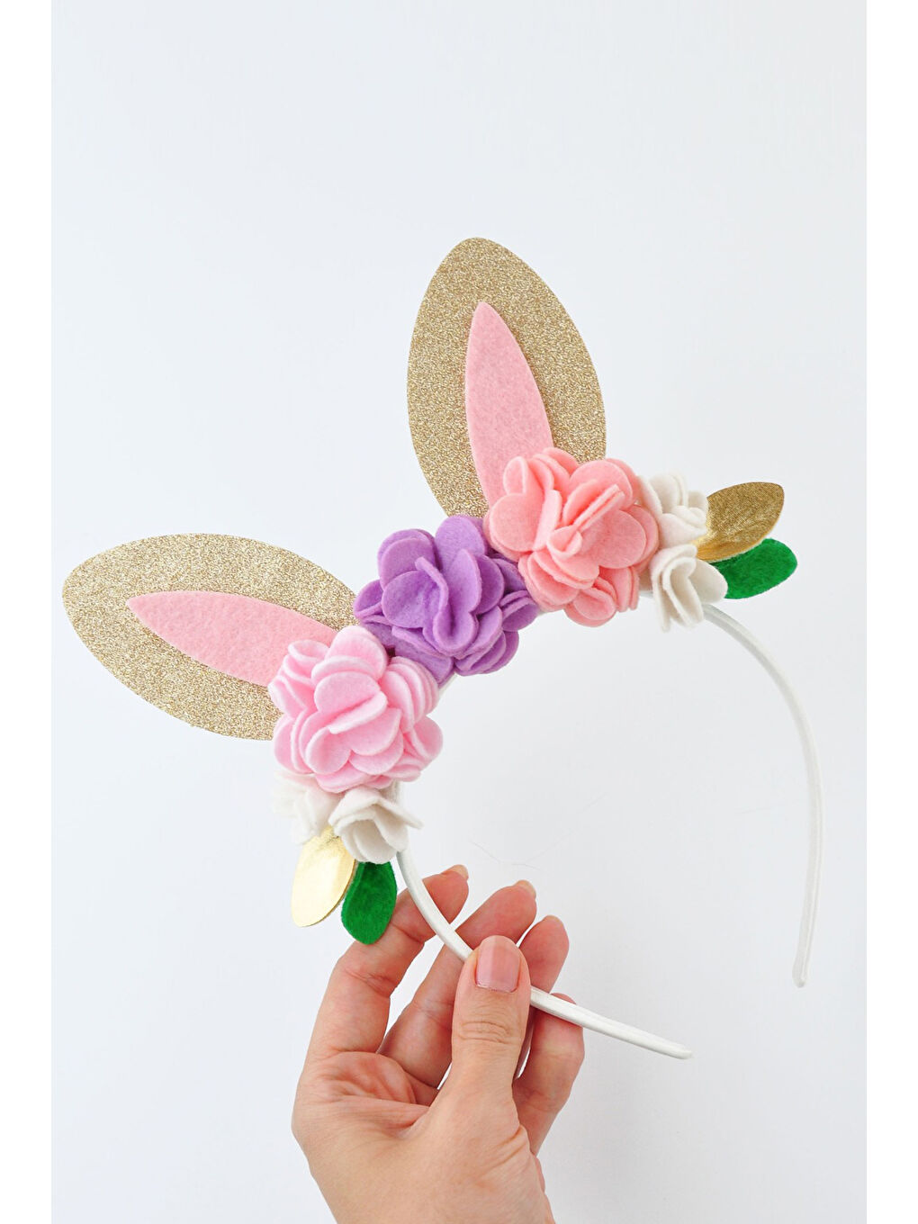 Pembe Pudra Keçe Çiçekli Tavşan Kulak Kız Çocuk Taç-1