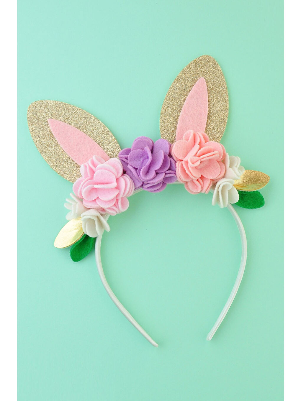 Pembe Pudra Keçe Çiçekli Tavşan Kulak Kız Çocuk Taç-3