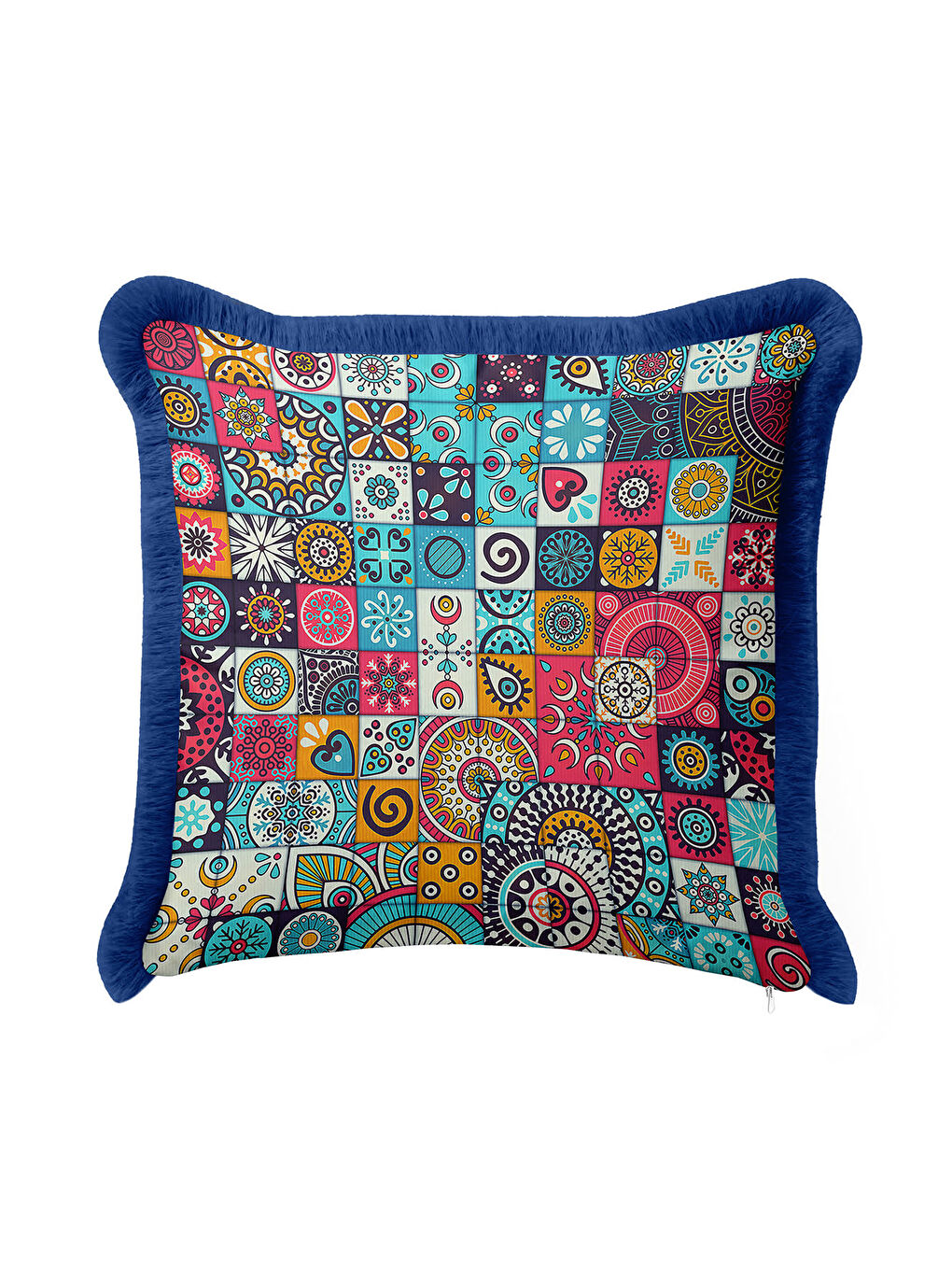 Karışık Etnik Mozaik Saçaklı Yastık Kılıfı - Canlı Bohem Turkuaz Lacivert Püsküllü Kırlent Kılıfı
