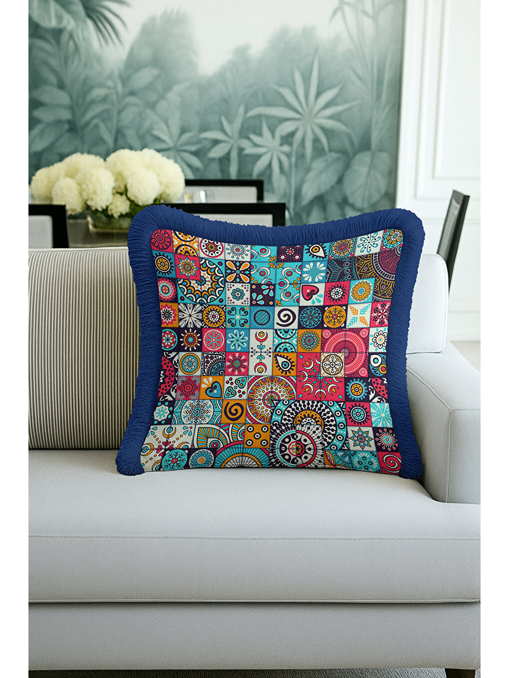 Karışık Etnik Mozaik Saçaklı Yastık Kılıfı - Canlı Bohem Turkuaz Lacivert Püsküllü Kırlent Kılıfı-1