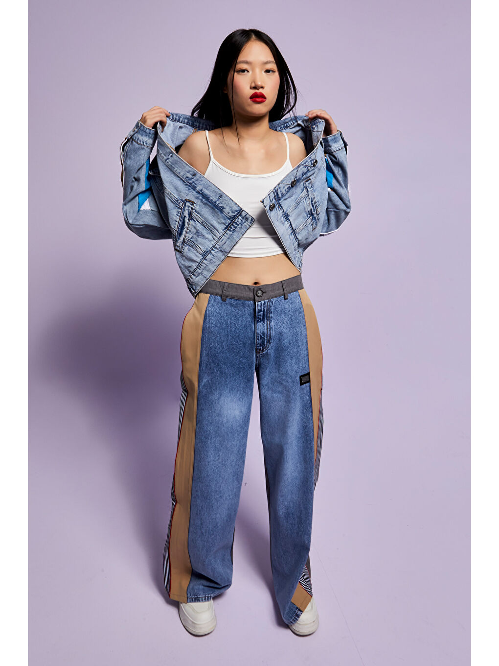 Kadın Mavi Renk Palazzo Fit Kumaş Denim Parçalı Özel Tasarım Denim Jean-2