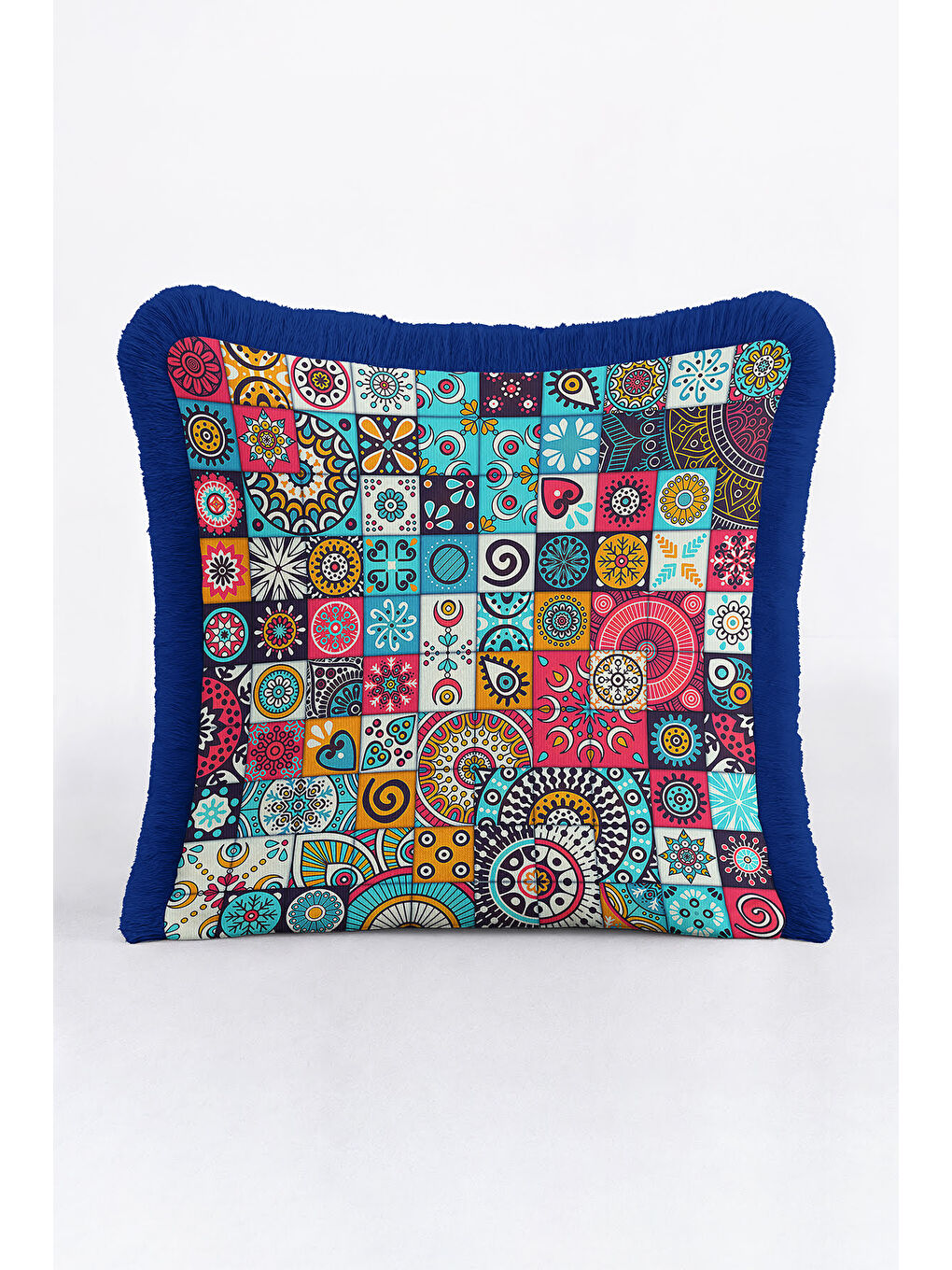 Karışık Etnik Mozaik Saçaklı Yastık Kılıfı - Canlı Bohem Turkuaz Lacivert Püsküllü Kırlent Kılıfı-2