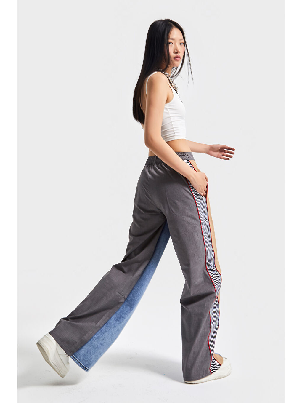 Kadın Mavi Renk Palazzo Fit Kumaş Denim Parçalı Özel Tasarım Denim Jean-3