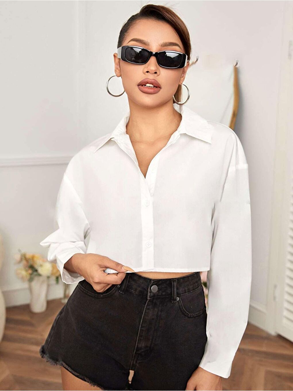 Kadın Beyaz Düşük Omuzlu Poplin Kısa Gömlek-1
