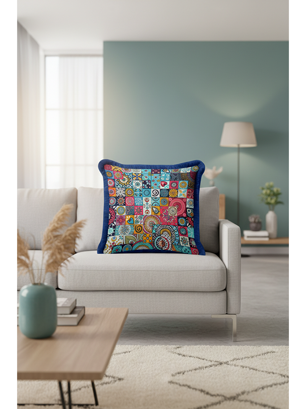 Karışık Etnik Mozaik Saçaklı Yastık Kılıfı - Canlı Bohem Turkuaz Lacivert Püsküllü Kırlent Kılıfı-3