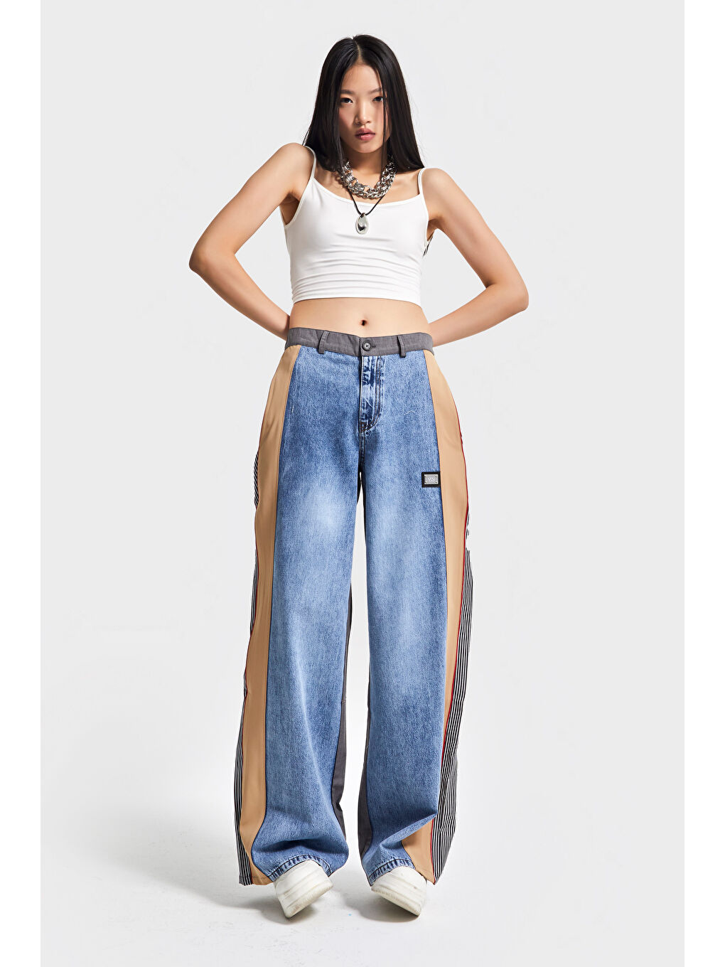 Kadın Mavi Renk Palazzo Fit Kumaş Denim Parçalı Özel Tasarım Denim Jean-5