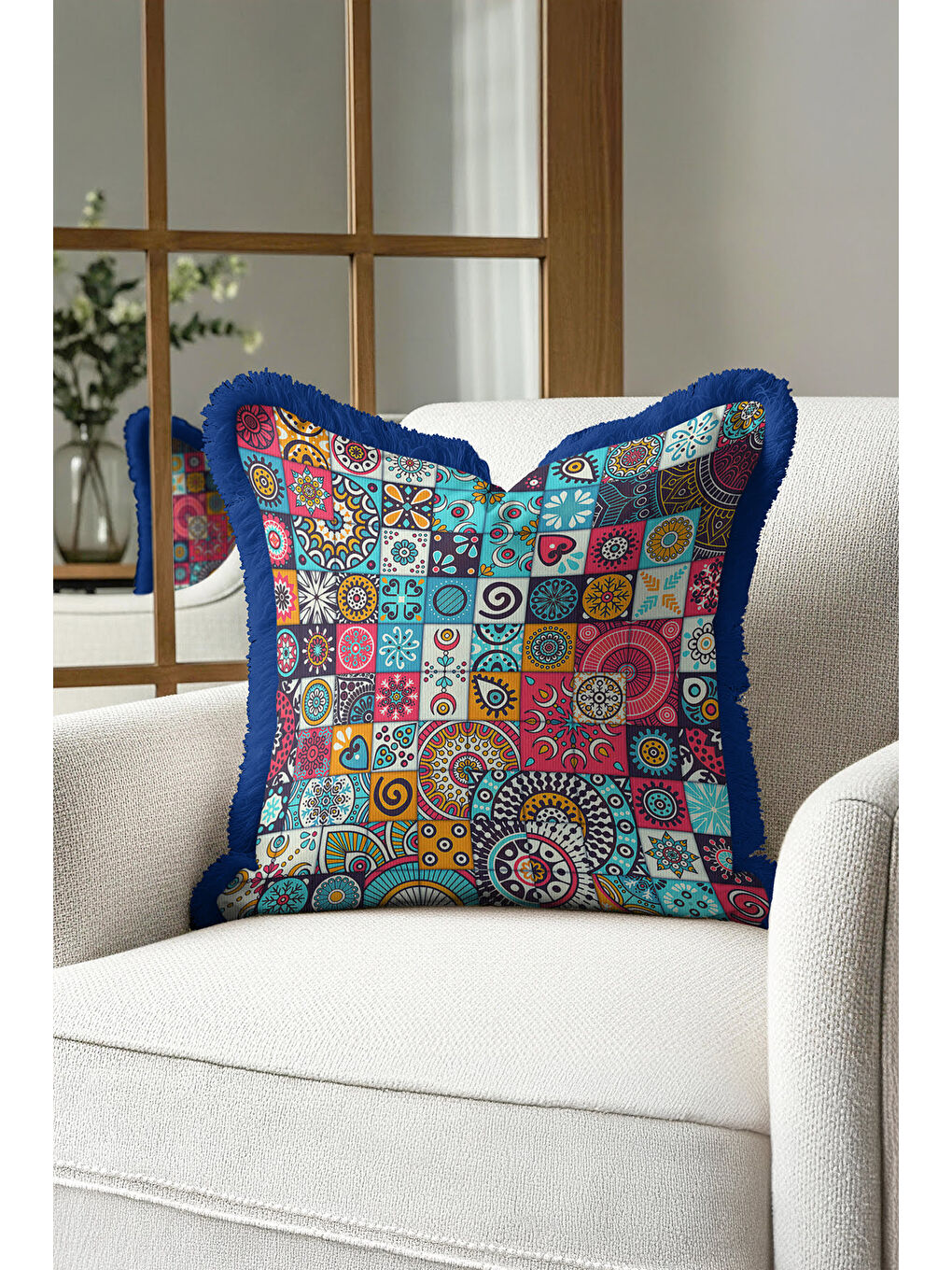 Karışık Etnik Mozaik Saçaklı Yastık Kılıfı - Canlı Bohem Turkuaz Lacivert Püsküllü Kırlent Kılıfı-4