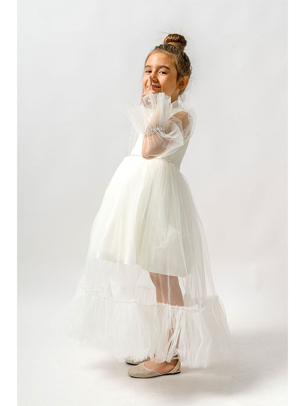 Ekru Kolları Tül Detaylı Taşlı Uzun Kız Çocuk Elbise - Calla-1