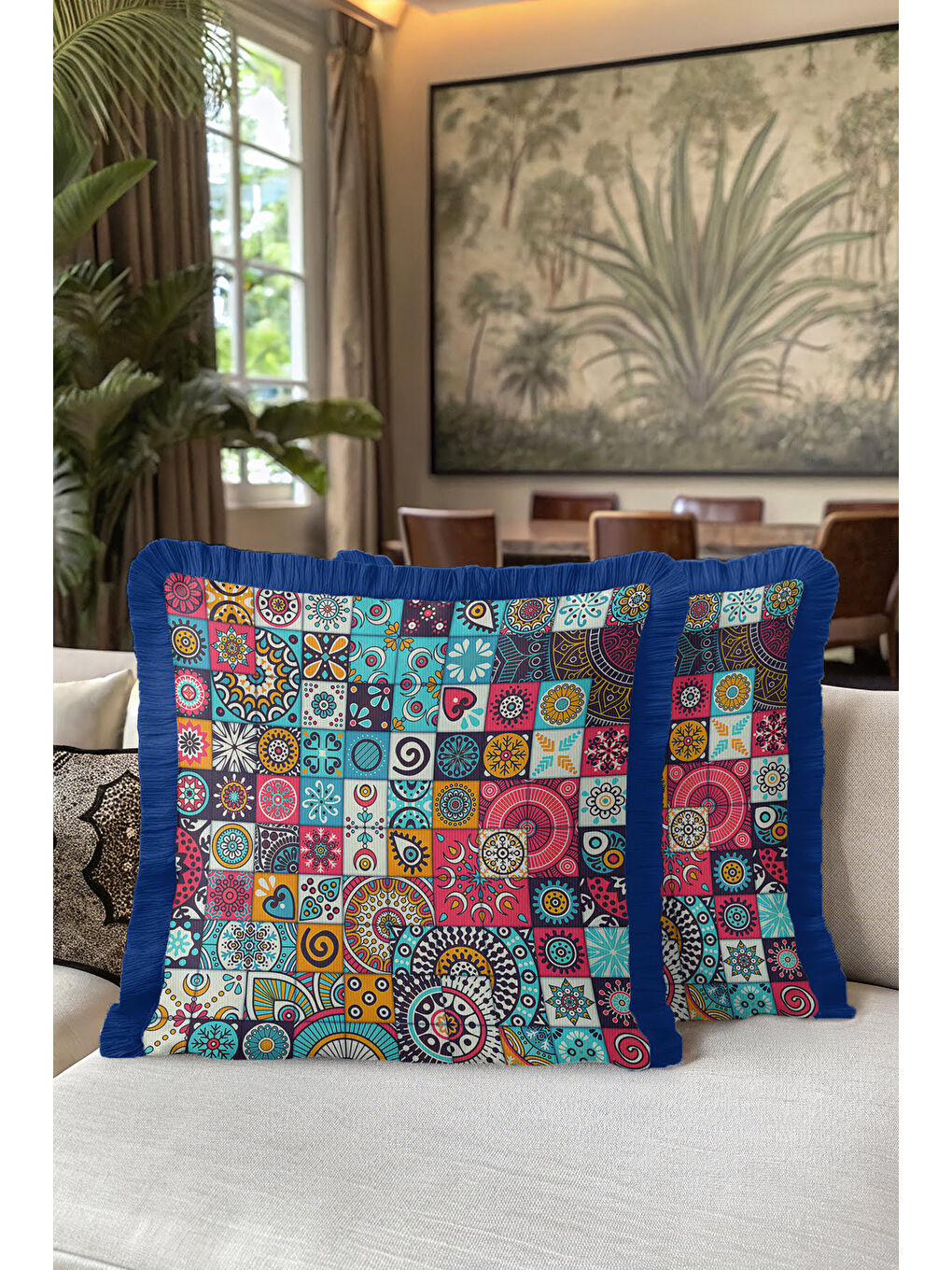 Karışık Etnik Mozaik Saçaklı Yastık Kılıfı - Canlı Bohem Turkuaz Lacivert Püsküllü Kırlent Kılıfı-5