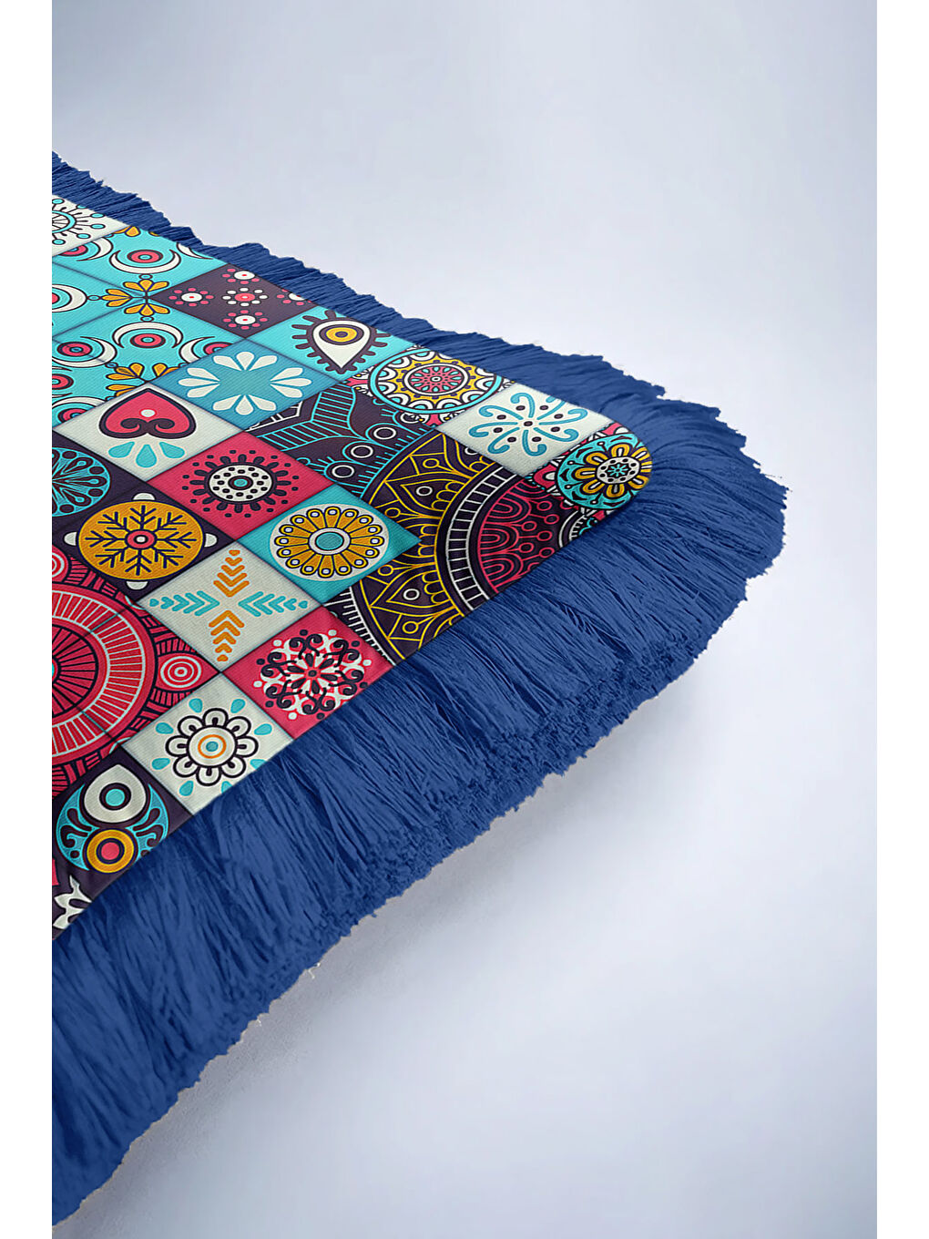 Karışık Etnik Mozaik Saçaklı Yastık Kılıfı - Canlı Bohem Turkuaz Lacivert Püsküllü Kırlent Kılıfı-6
