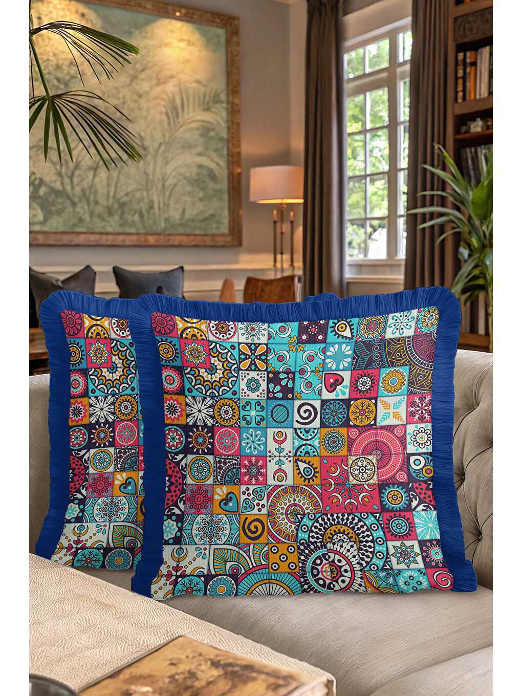 Karışık Etnik Mozaik Saçaklı Yastık Kılıfı - Canlı Bohem Turkuaz Lacivert Püsküllü Kırlent Kılıfı-7