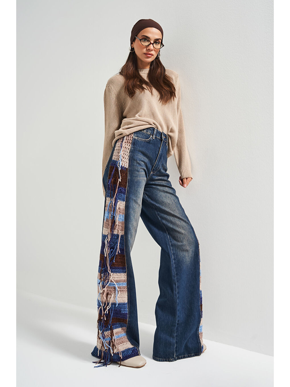 Mavi Kadın Jean Rengi 2w5-8 Flare Palazzo Fit Etnik Örme Detaylı Viskon Kumaş Özel Tasarım Denim Jean-2