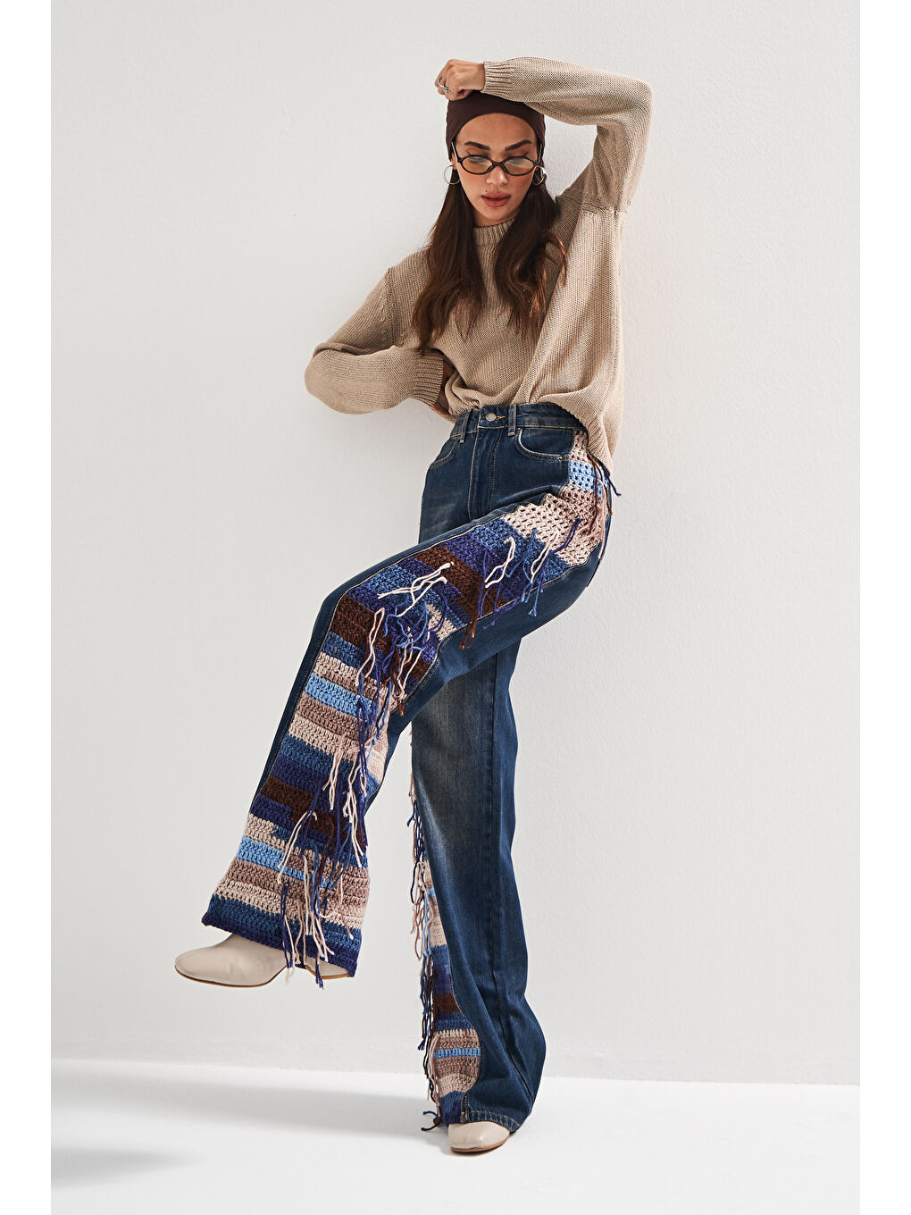 Mavi Kadın Jean Rengi 2w5-8 Flare Palazzo Fit Etnik Örme Detaylı Viskon Kumaş Özel Tasarım Denim Jean-3