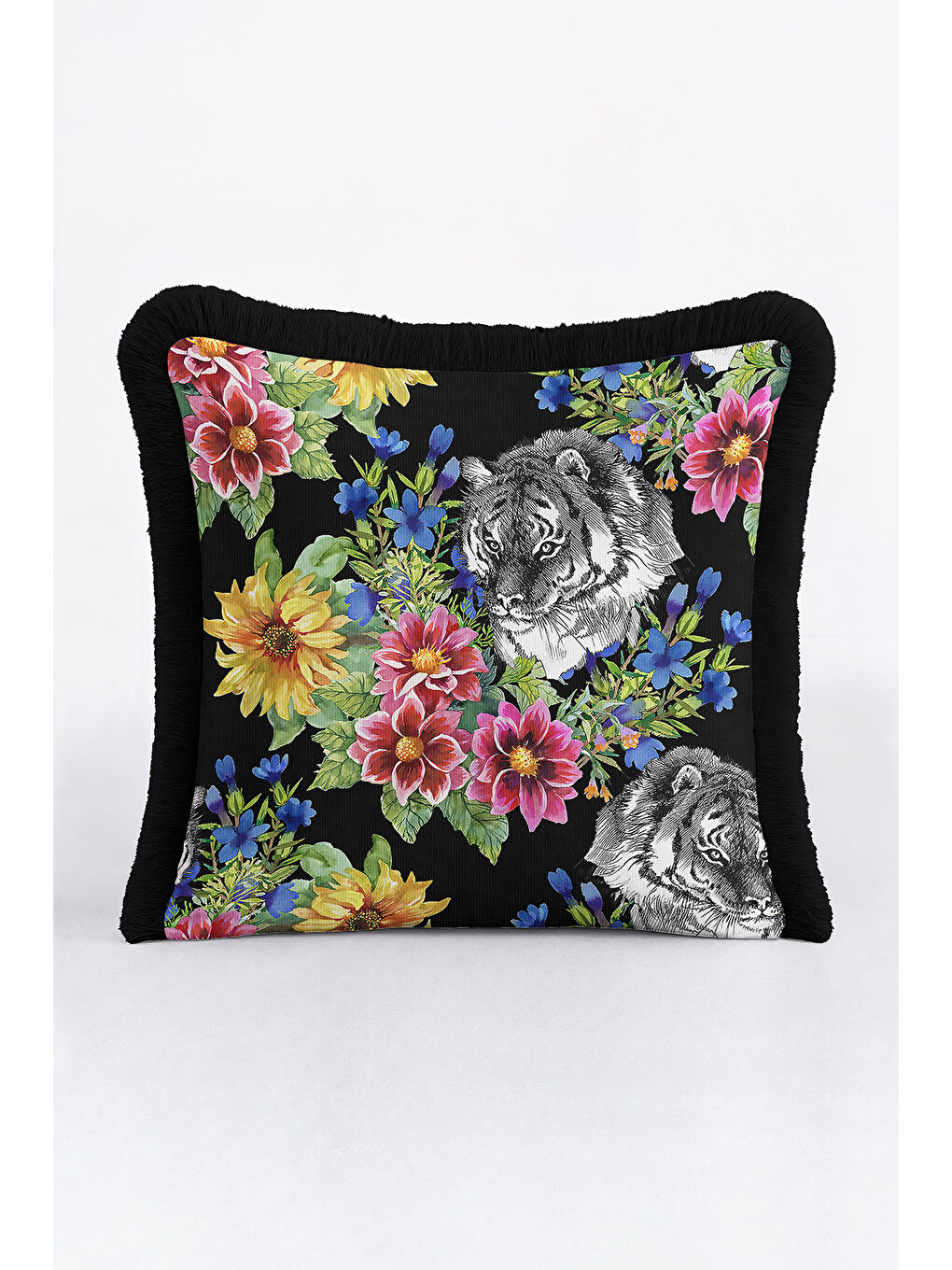 Karışık Lüks Çiçekli Kaplan Motifli Saçaklı Yastık Kılıfı - Egzotik Bohem Siyah Renk Püsküllü Kırlent Kılıfı-1