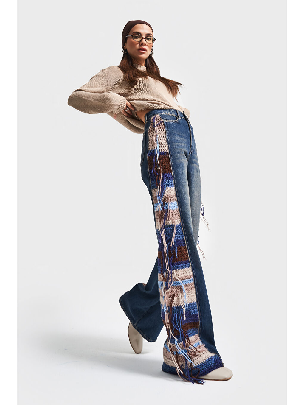 Mavi Kadın Jean Rengi 2w5-8 Flare Palazzo Fit Etnik Örme Detaylı Viskon Kumaş Özel Tasarım Denim Jean-4