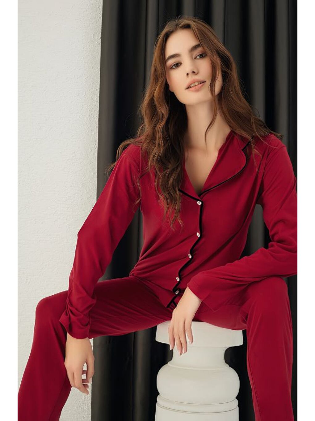 Bordo Pamuklu Düğmeli Pijama Takım-1