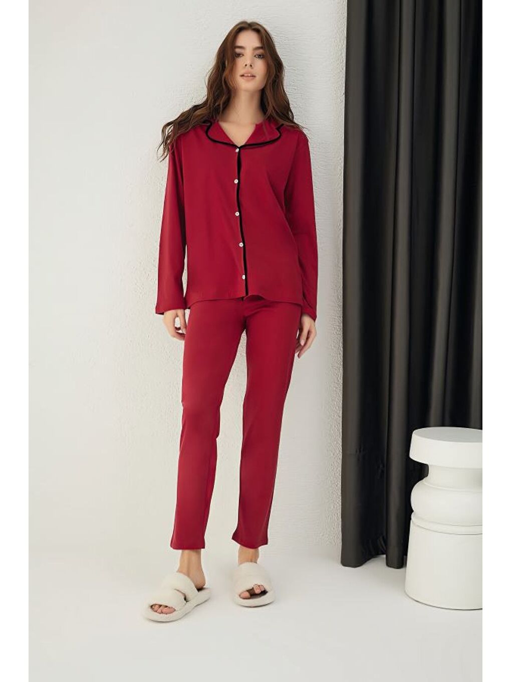 Bordo Pamuklu Düğmeli Pijama Takım-2
