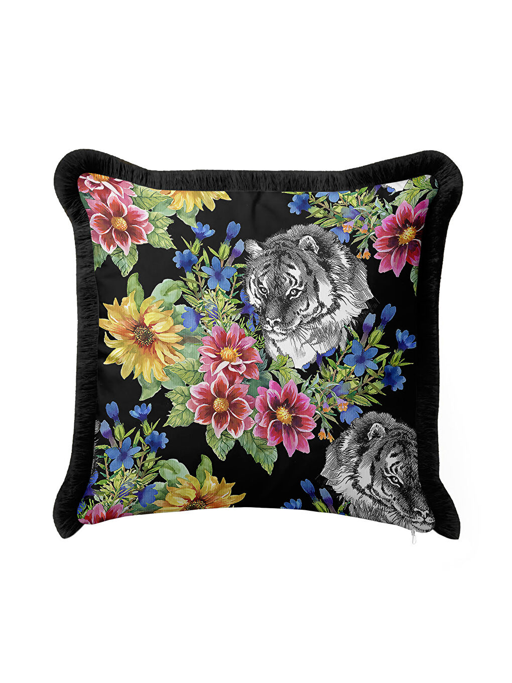 Karışık Lüks Çiçekli Kaplan Motifli Saçaklı Yastık Kılıfı - Egzotik Bohem Siyah Renk Püsküllü Kırlent Kılıfı-4