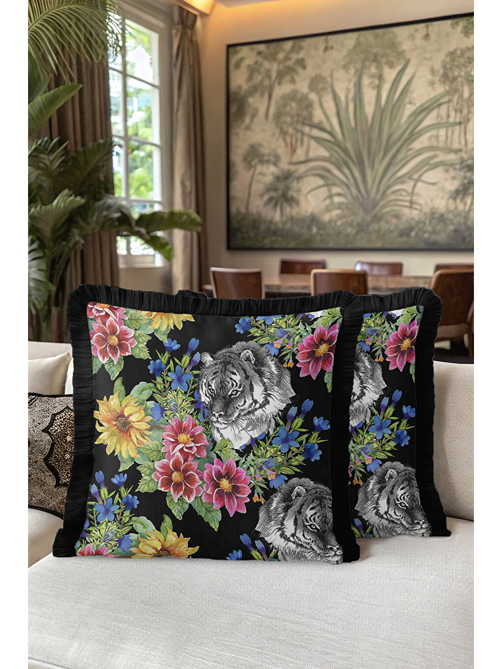 Karışık Lüks Çiçekli Kaplan Motifli Saçaklı Yastık Kılıfı - Egzotik Bohem Siyah Renk Püsküllü Kırlent Kılıfı-5