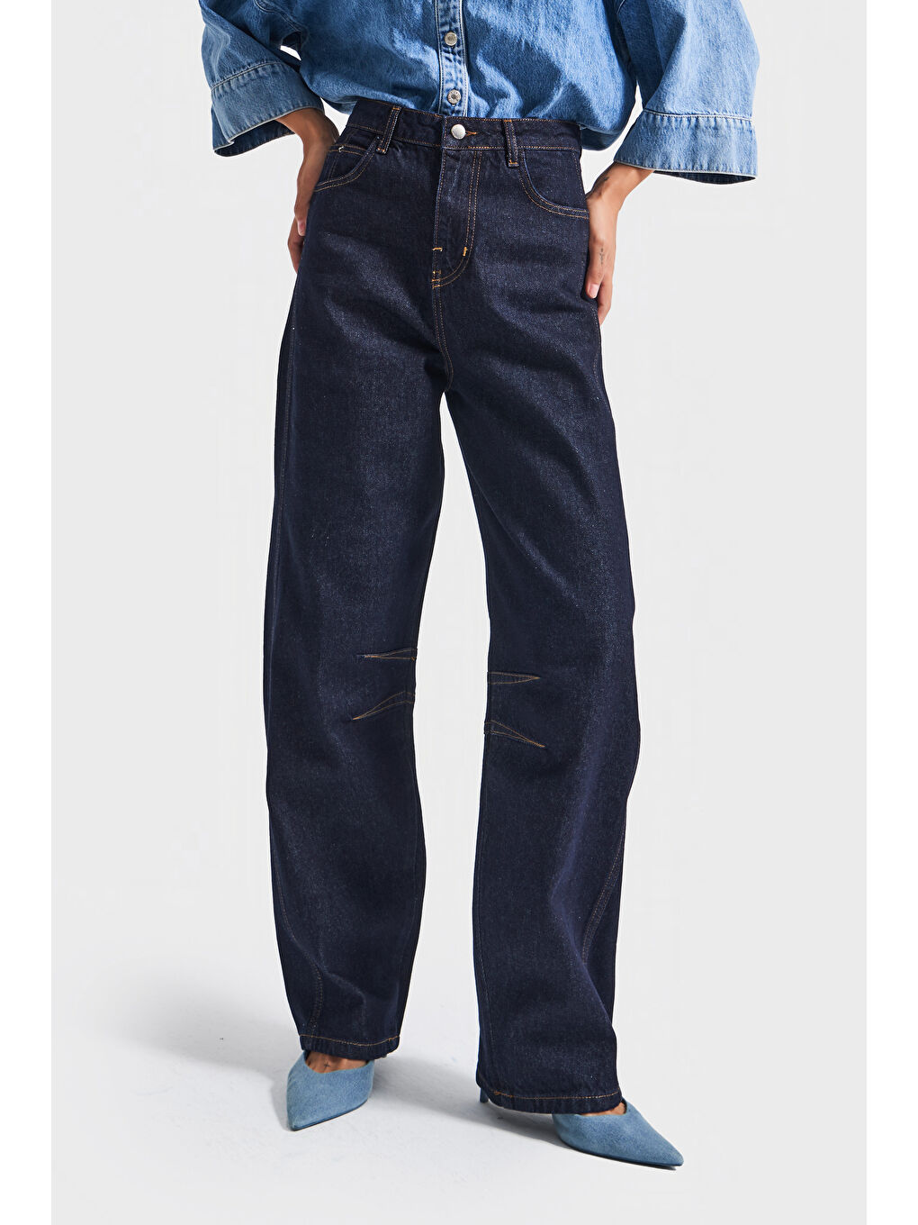 Kadın İndigo Renk 7w5-50 Baggy Fit %100 Pamuk Bol Kesim İç Boy 83cm Denim Jean