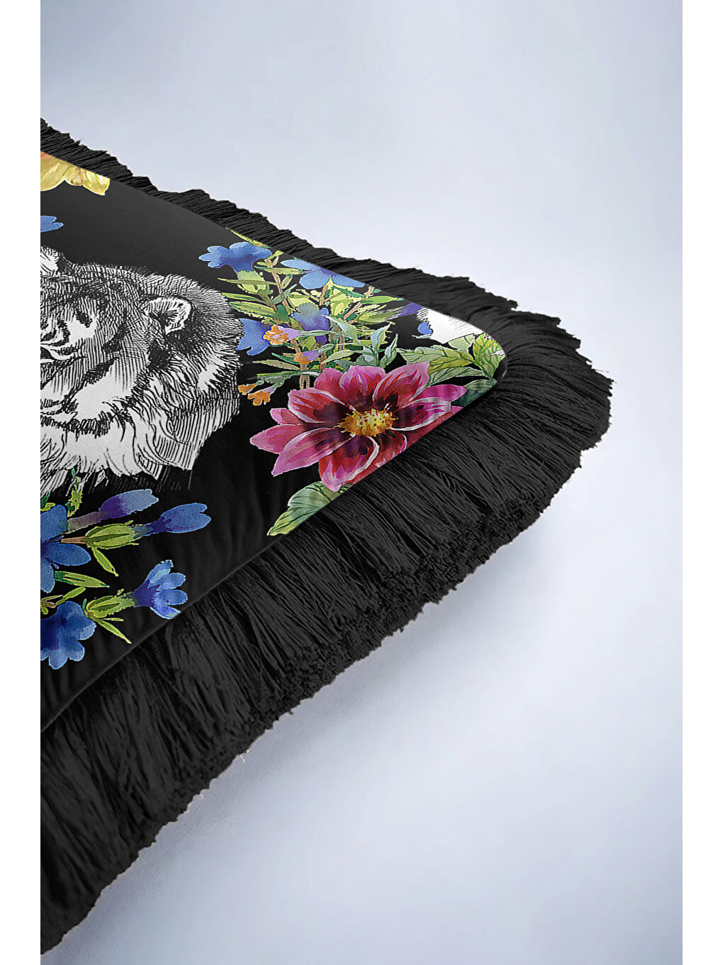Karışık Lüks Çiçekli Kaplan Motifli Saçaklı Yastık Kılıfı - Egzotik Bohem Siyah Renk Püsküllü Kırlent Kılıfı-6