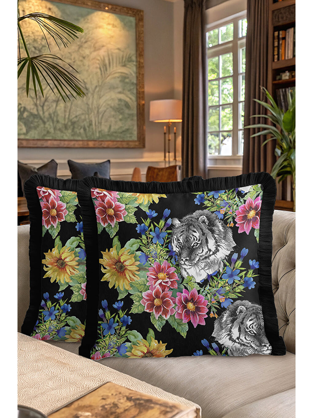 Karışık Lüks Çiçekli Kaplan Motifli Saçaklı Yastık Kılıfı - Egzotik Bohem Siyah Renk Püsküllü Kırlent Kılıfı-7