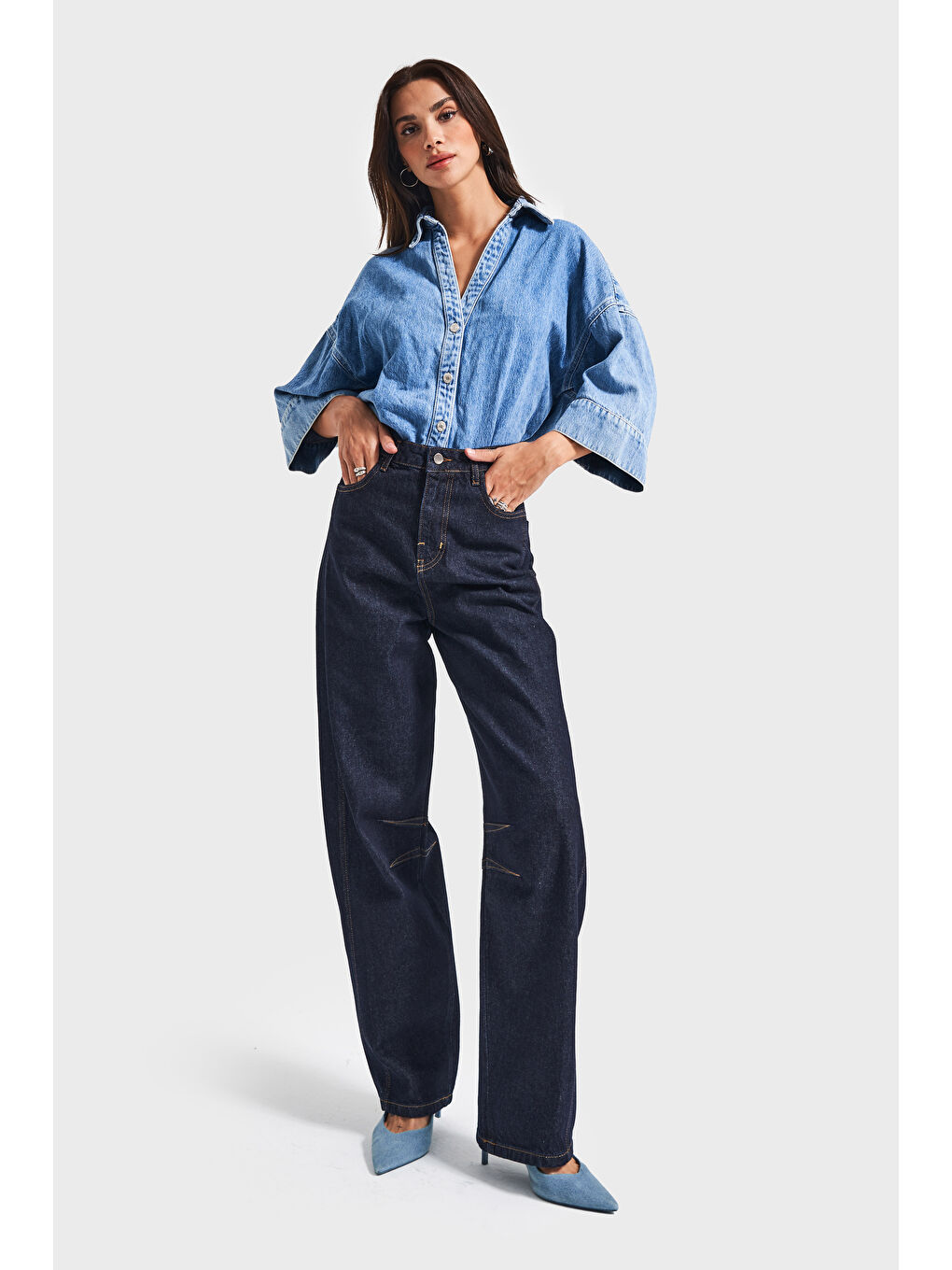 Kadın İndigo Renk 7w5-50 Baggy Fit %100 Pamuk Bol Kesim İç Boy 83cm Denim Jean-2