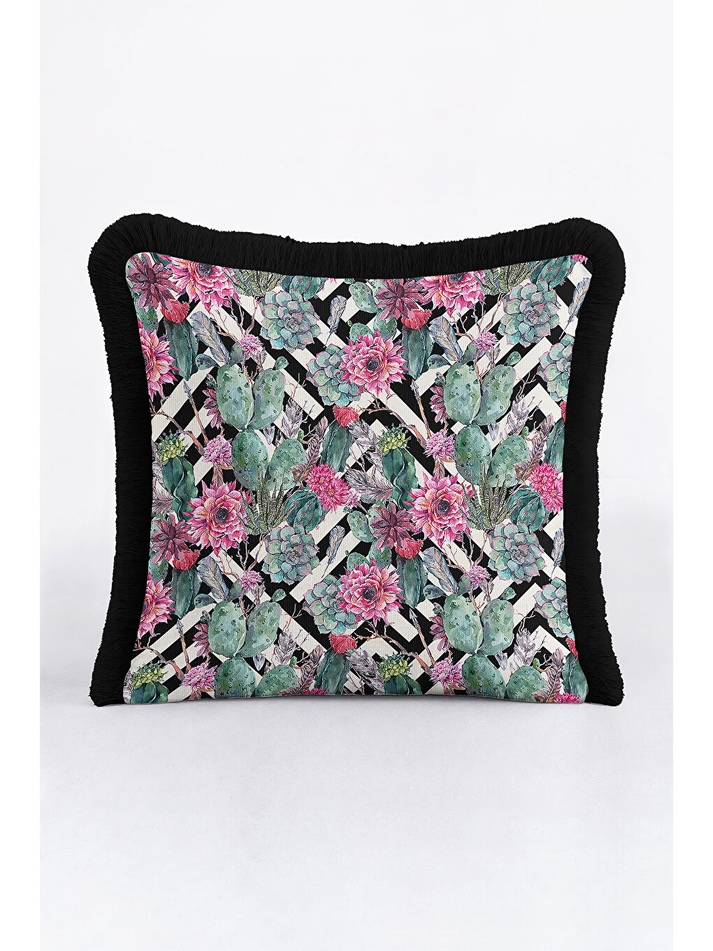 Karışık Botanik Çizgili Saçaklı Yastık Kılıfı - Tropikal Bohem Siyah Fuşya Püsküllü Kırlent Kılıfı